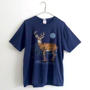 Vintage 80s Jerzees USA Deer Nature Graphic Blue T-Shirt